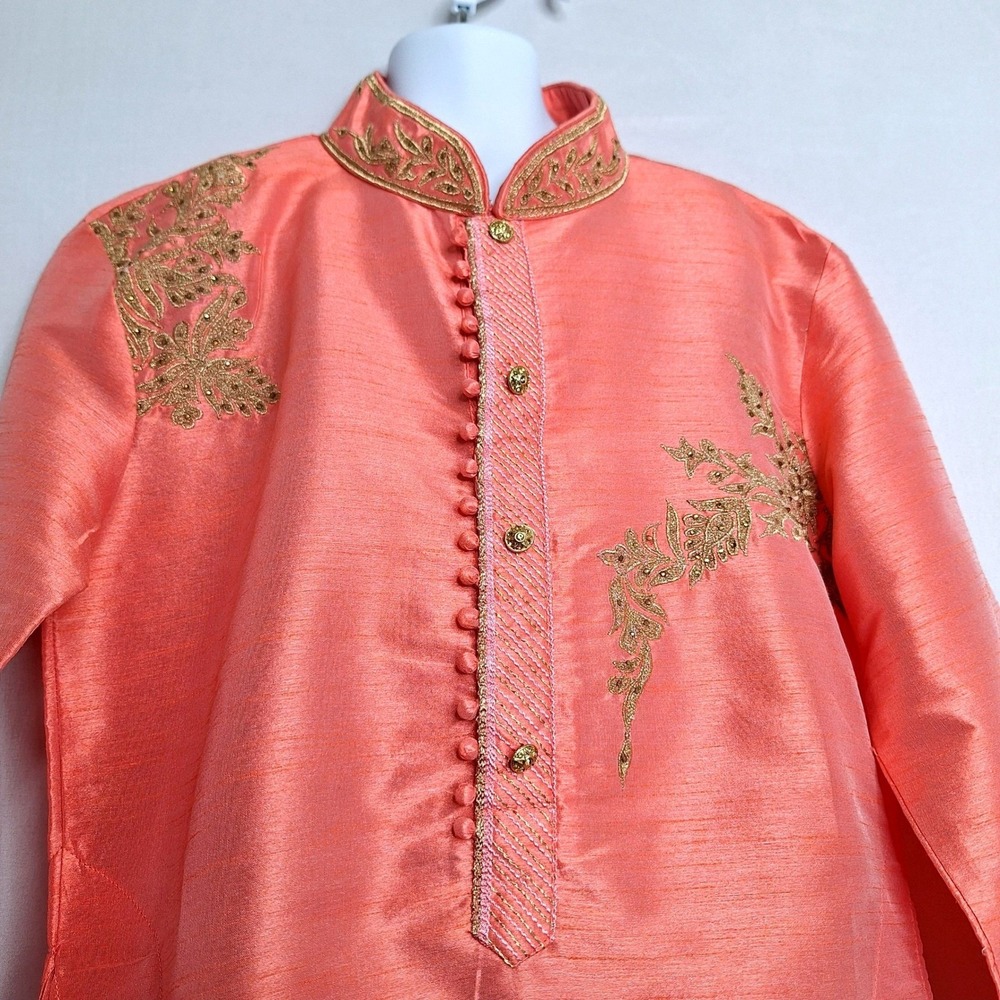 Varraja Ethnics Mens Coral Peach Gold Embroidered Kurta Tunic Wedding Diwali